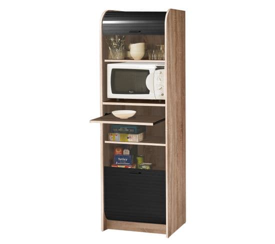 Meuble de Cuisine Micro-onde Colonne Chêne et Noir 6 Niches L 58,2 H 180,7 P 47cm