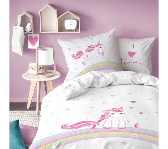 Parure De Lit Imprimée 100% Coton, Licorne 140x200+63x63cm