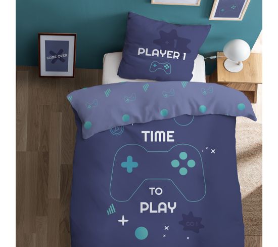 Parure De Lit Imprimée 100% Coton, Gamer 140x200+63x63cm