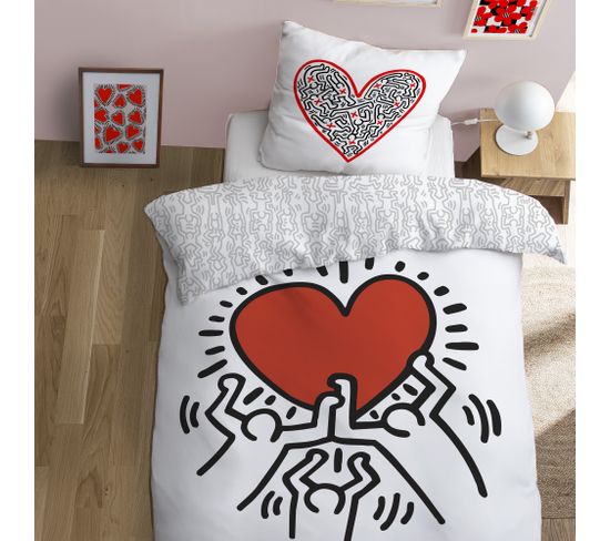 Parure De Lit Imprimée 100% Coton, Keith Haring Red Love 140x200+63x63cm