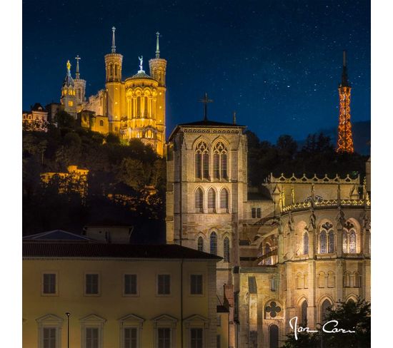 Tableau Sur Verre Cathédrale Saint-jean De Lyon La Nuit 45x45 Cm