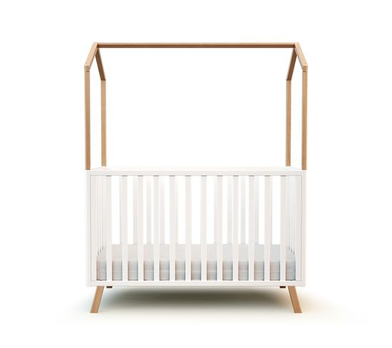 Lit Cabane Bébé Évolutif En Bois Confort Blanc Et Hêtre Verni 60 X 120 Cm