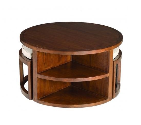 Eden - Table Basse Ronde Marron 2 Tabourets Avec Coussins Écrus Bois Mindi