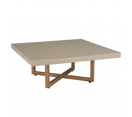 Eris - Table Basse Carrée 107x107cm En Béton Beige Pieds Croisés En Teck