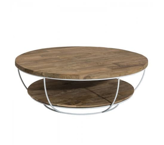 Alida - Table Basse Coque Ronde 100x100cm Double Plateau Teck Recyclé Métal Blanc