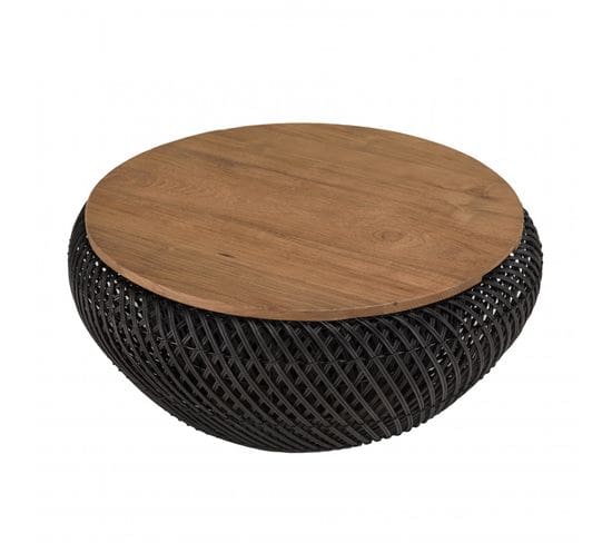 Alida - Table Basse Ronde 65x65cm En Rotin Noir Plateau Amovible