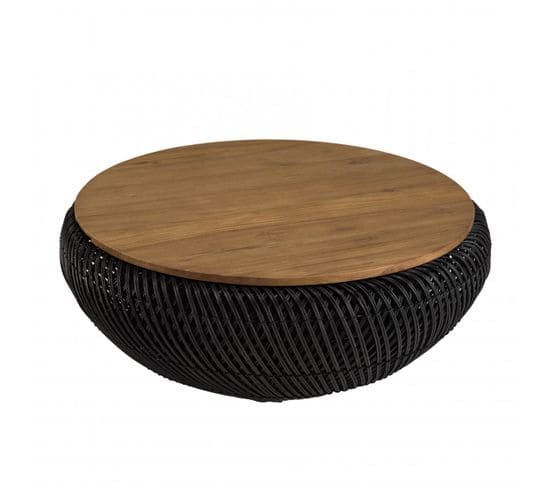 Alida - Table Basse Ronde 80x80cm En Rotin Noir Plateau Amovible