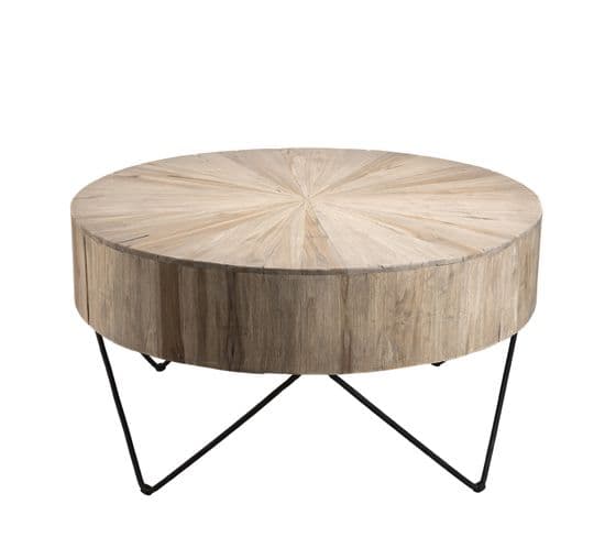 Laly - Table Basse Ronde 90x90cm Bois Teck Naturel Pieds Épingles Scandi Métal Noir