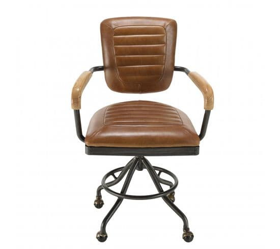 Gaston - Fauteuil Desk Vintage Cuir Marron Et Métal Noir à Roulettes Accoudoirs En Bois