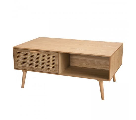 Romeo - Table Basse Couleur Naturelle 2 Tiroirs 1 Niche Bois Cannage