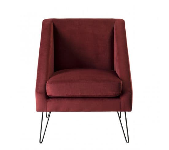 Albane - Fauteuil Tissu Velours Bordeaux Pieds Épingles Métal