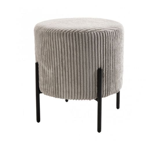 Albane - Tabouret Rond 36x36cm Tissu Velours Côtelé Gris Perle Pieds Métal