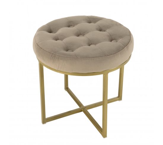 Albane - Tabouret Rond 41x41cm Velours Taupe Avec Boutons Pieds Croisés Métal Doré