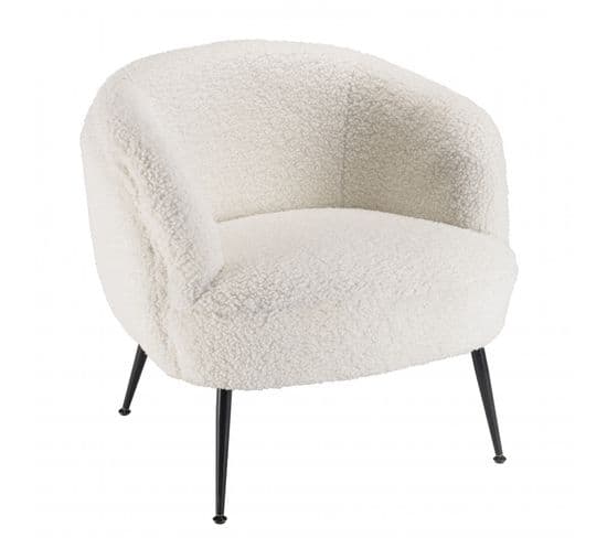 Albane - Fauteuil Cosy Tissu Bouclette Blanc Pieds Métal Noir