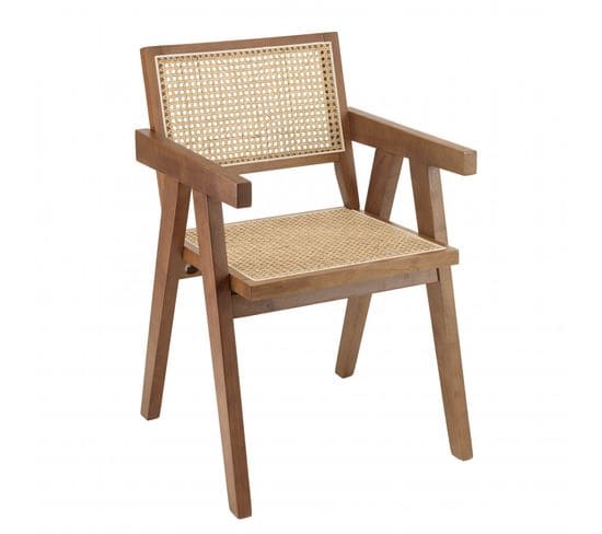 Albane- Fauteuil En Bois D'hévéa Foncé Dossier Et Assise Rotin Naturel