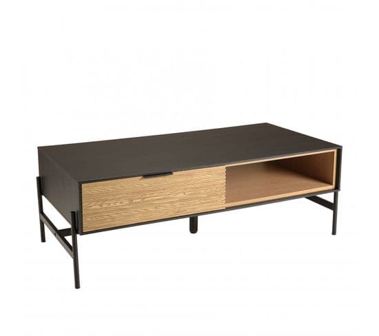 Charlie - Table Basse Marron Et Noire 2 Tiroirs 1 Niche Pin Pieds Métal