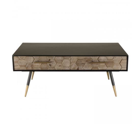 Dalie - Table Basse Noire Rectangulaire 2 Tiroirs Scandi Bois Sapin Marqueté Pieds Métal Doré