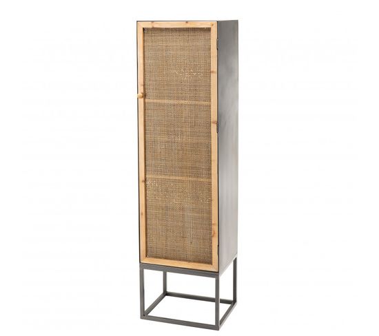 Doriane - Armoire Noire Métal 1 Porte 2 Étagères Cannage Naturel