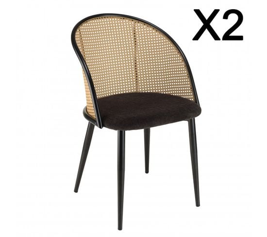 Lea - Lot De 2 Fauteuils Tissu Noir Dossier Arrondi Effet Cannage