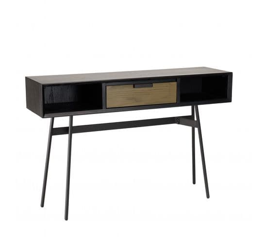 Alma - Console Noire 130x35cm 2 Niches 1 Tiroir Marron Foncé Pieds Métal Noir