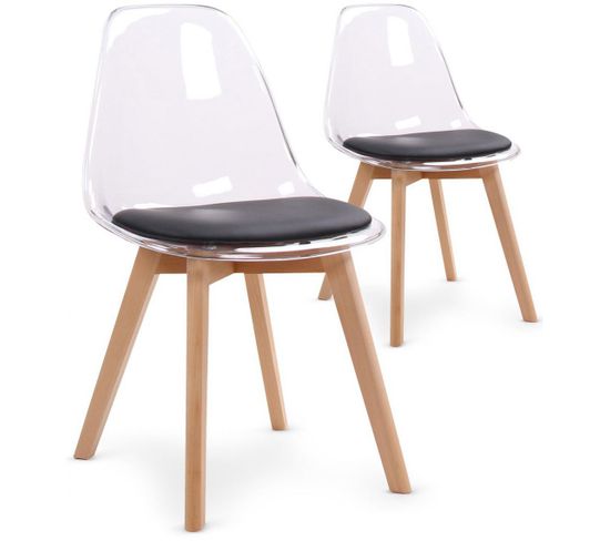 Lot De 2 Chaises Scandinaves Transparentes Et Coussin Noir Sully