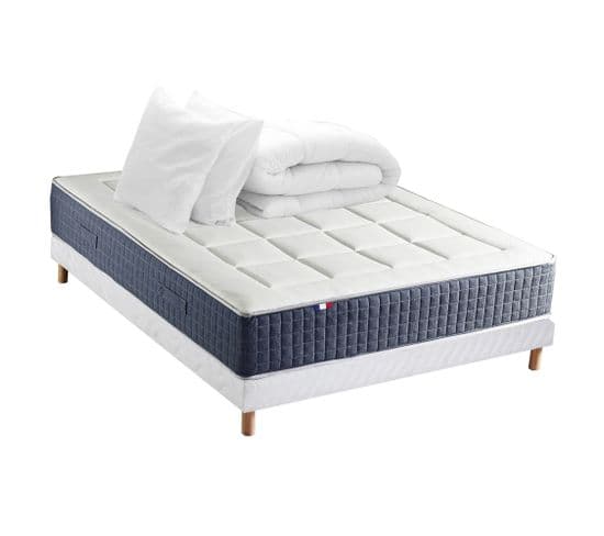 Ensemble Matelas Ressort 7 Zones + Mémoire De Forme + Sommier + Couette + Oreillers 160x200 Blanc