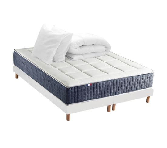 Ensemble Matelas Ressort 7 Zones + Mémoire De Forme + Sommier + Couette + Oreillers 180x200 Blanc