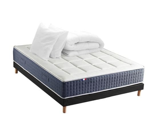 Ensemble Matelas Ressort 7 Zones + Mémoire De Forme + Sommier + Couette + Oreillers 160x200 Noir