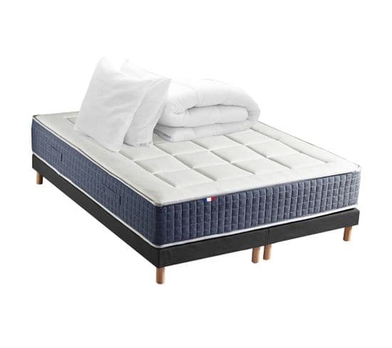 Ensemble Matelas Ressort 7 Zones + Mémoire De Forme + Sommier + Couette + Oreillers 180x200 Noir