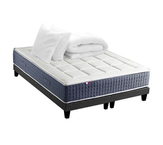 Ensemble Matelas Ressort 7 Zones + Mémoire De Forme + Sommier + Couette + Oreillers 180x200 Noir