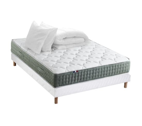 Ensemble Matelas Ressort 7 Zones Hygge + Sommier + Couette + Oreillers 160 X 200 Cm Blanc