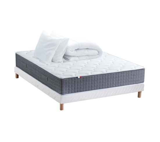 Ensemble Matelas Ressort 7 Zones H.30cm + Sommier + Couette + Oreillers Max 140 X 190 Cm Blanc