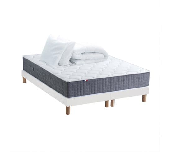 Ensemble Matelas Ressort 7 Zones H.30cm + Sommier + Couette + Oreillers Max 2x80 X 200 Cm Blanc