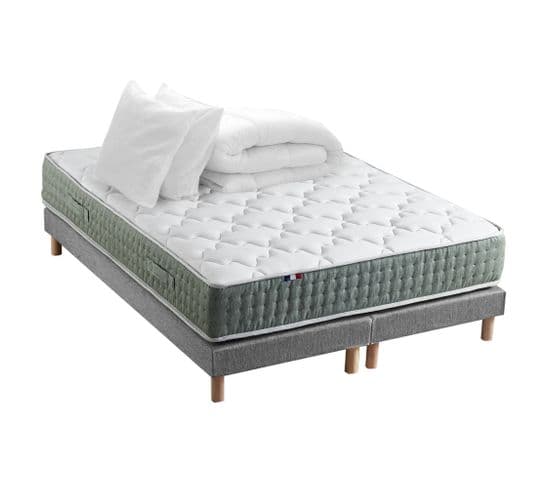 Ensemble Matelas Ressort 7 Zones Hygge + Sommier + Couette + Oreillers 2x90 X 200 Cm Gris Chiné