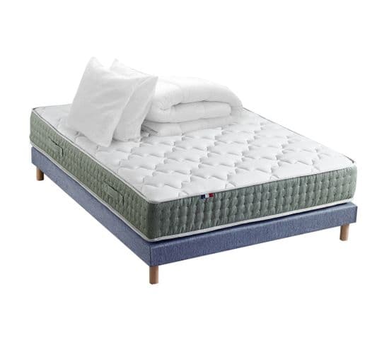 Ensemble Matelas Ressort 7 Zones Hygge + Sommier + Couette + Oreillers 160 X 200 Cm Bleu Denim