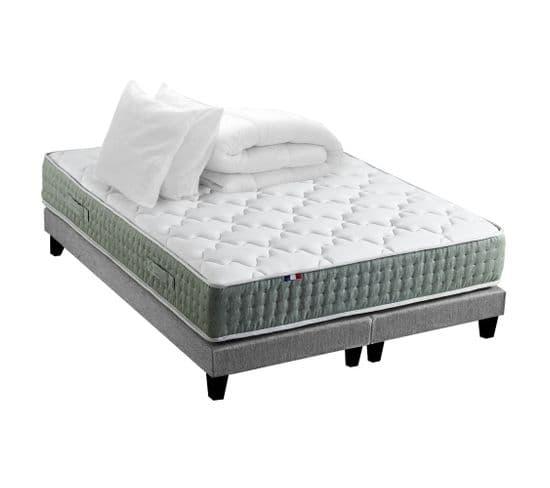 Ensemble Matelas Ressort 7 Zones Hygge + Sommier + Couette + Oreillers 2x80 X 200 Cm Gris Chiné