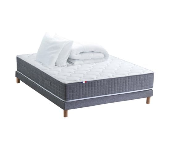 Ensemble Matelas Ressort 7 Zones H.30cm + Sommier + Couette + Oreillers Max 140 X 190 Cm Gris Chiné