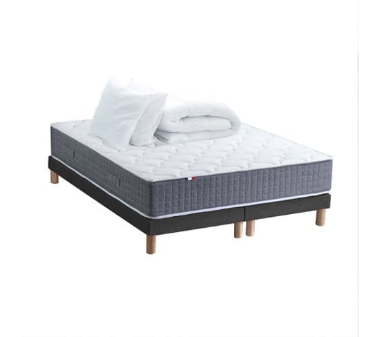 Ensemble Matelas Ressort 7 Zones H.30cm + Sommier + Couette + Oreillers Max 2x80 X 200 Cm Noir