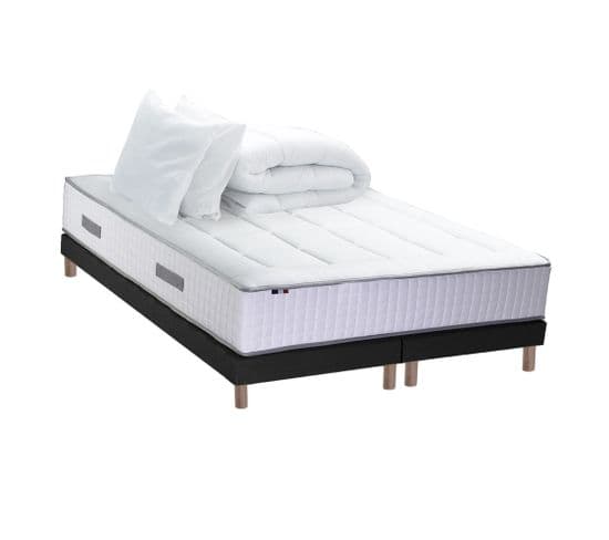 Ensemble Matelas Ressort 7 Zones + Sommier + Oreiller + Couette 160x200 Noir