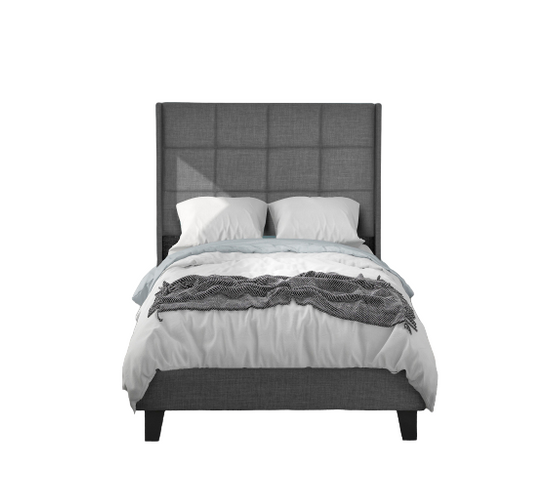 Lit simple capitonné design moderne avec sa tête de lit et sommier à lattes, 90x200, en lin gris