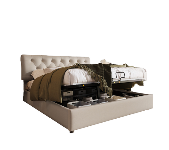 Lit double 140x200 avec coffre hydraulique, tête de lit réglable et  sommier à lattes, en lin, gris