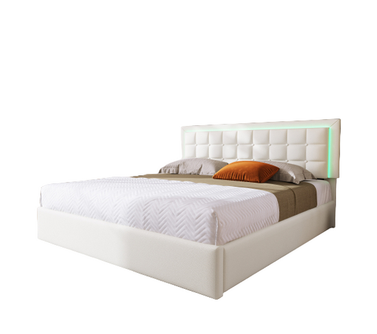 Lit double rembourré 180x200 avec sommier à lattes, espace de rangement et LED, en simili cuir blanc