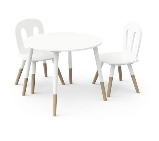Set 1 Table + 2 Chaises - Fimiana - Style Scandinave - Blanc Mat / Chêne Kronberg