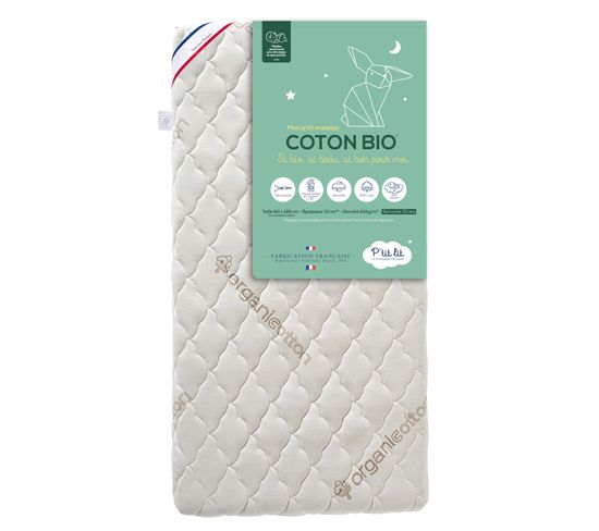 Matelas Bébé Coton Bio 60x120x10 Cm - Sans Traitement Chimique - Déhoussable - Fabrication Française