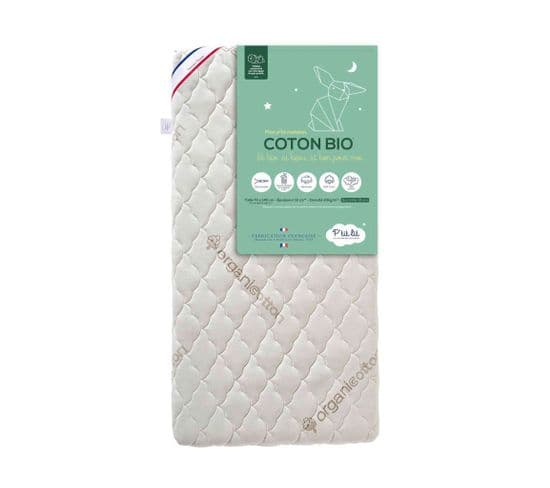 Matelas bébé Déhoussable Coton Bio, 12cm Soutien Ferme 60x120 - Enfant - Accueil Confortable