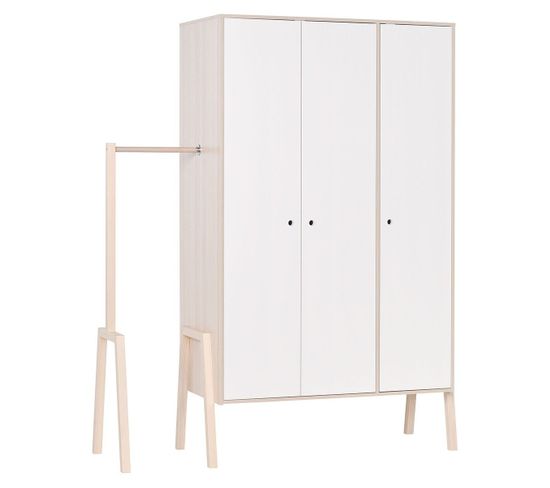 Armoire 3 Portes, 5 Étagères Et 1 Penderie - Blanc Et Beige