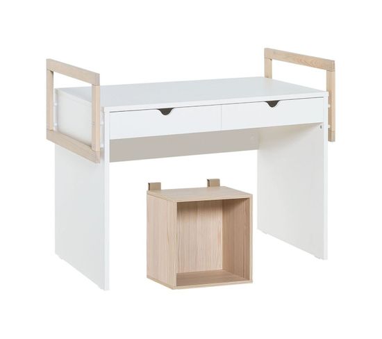 Bureau 2 Tiroirs Avec Échelles Et Cube Ouvert De Face - Blanc Et Bois