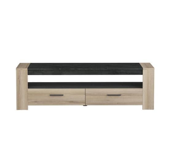 Meuble TV 2 Tiroirs 1 Large Niche L151,7 Cm - Décor Chêne Et Ardoise