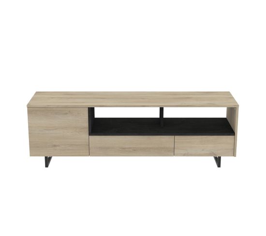 Meuble Tv Avec 1 Porte Et 2 Tiroirs L147 Cm - Décor Bois Et Noir