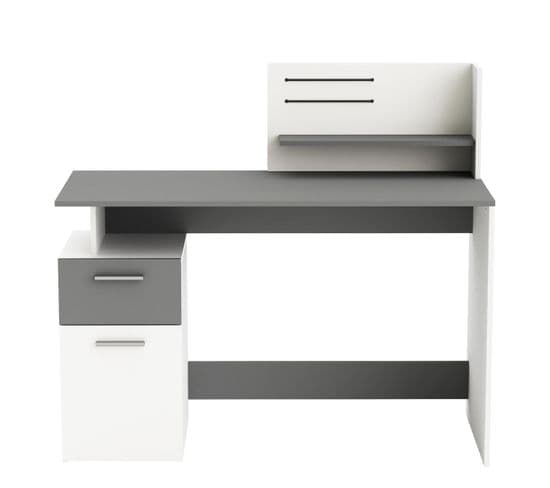 Bureau 1 Porte Et 1 Tiroir L121,5 Cm - Décor Gris Foncé Et Blanc